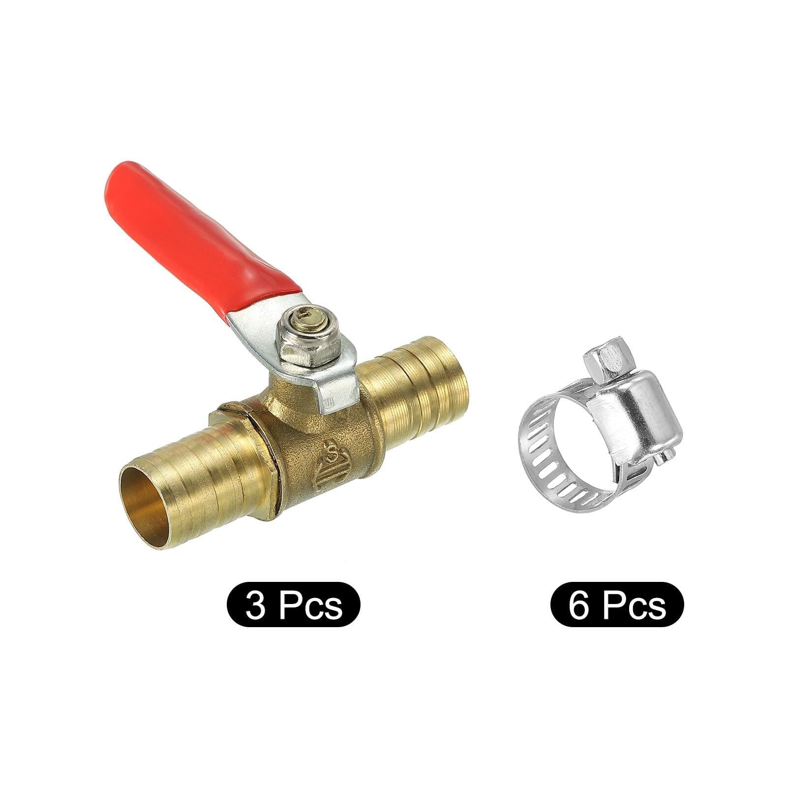 Set da 3 Rubinetto a Sfera in Ottone 1/2 Pollice con Raccordi a Barbiglio e Fascette, Maniglia 90°(Red,DN20 3/4)