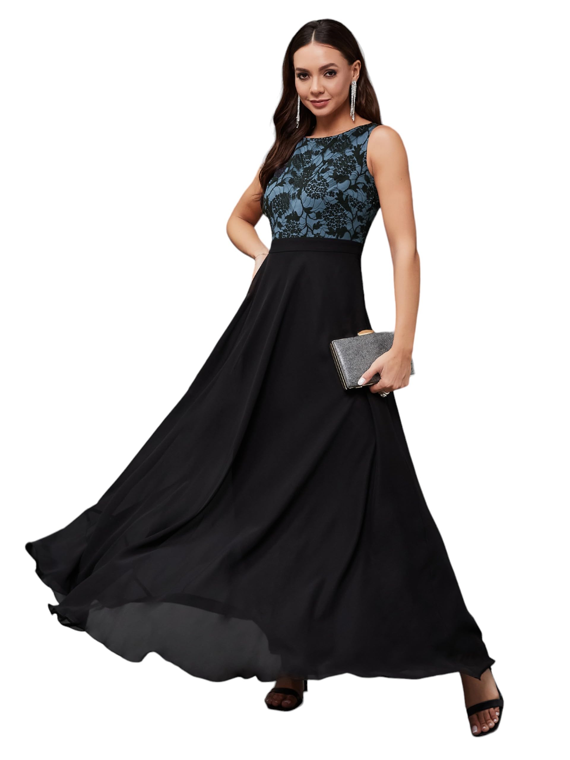 Miss Chase Women's Round Neck Sleeveless Floral Lace Fit & Flare Maxi Dress (Plus (Mcss24D97-10-102-04, Blue & Black, M)