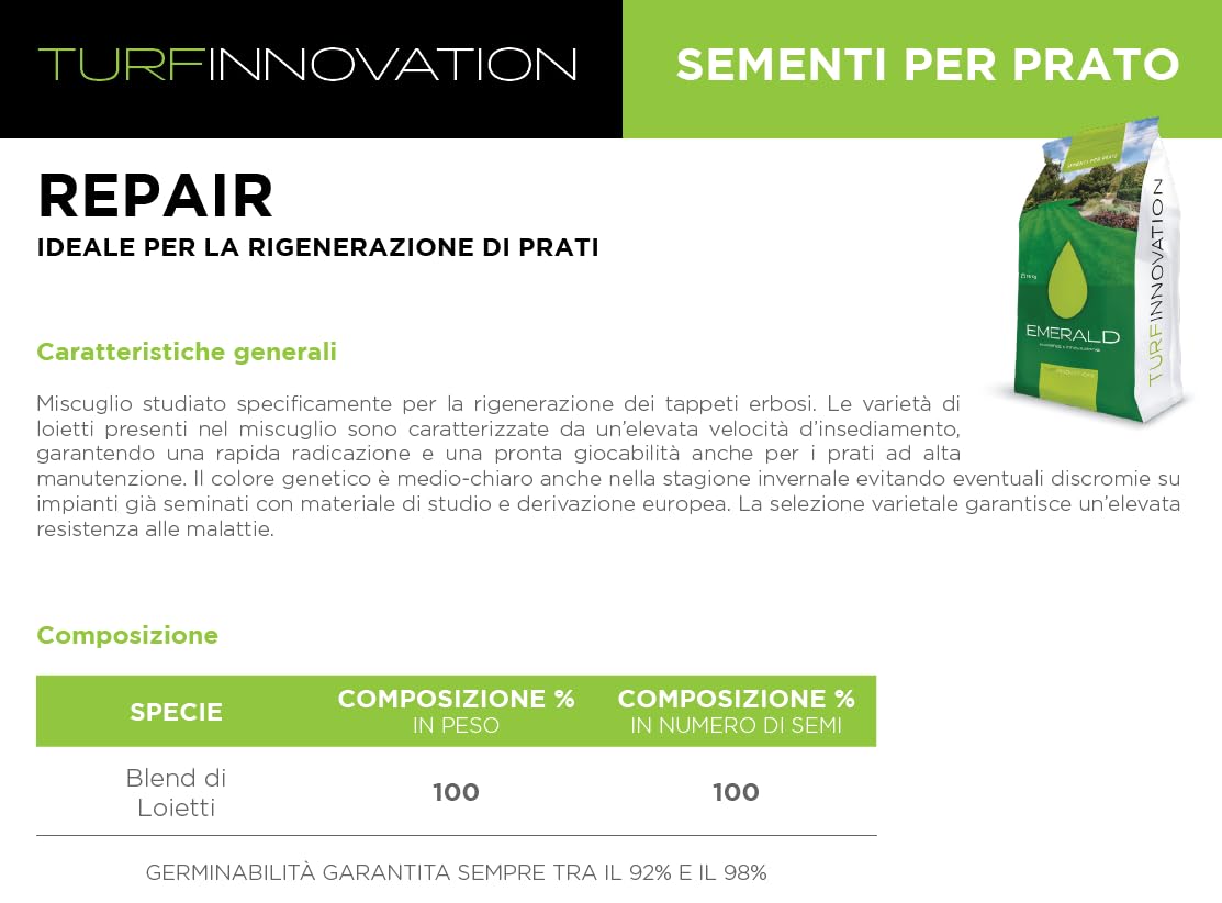 Emerald REPAIR, Semi per Prato Inglese Rigenerante, Crescita Veloce, Alta Resistenza e Colore Verde Brillante anche d’Inverno,1kg x 40mq (5)