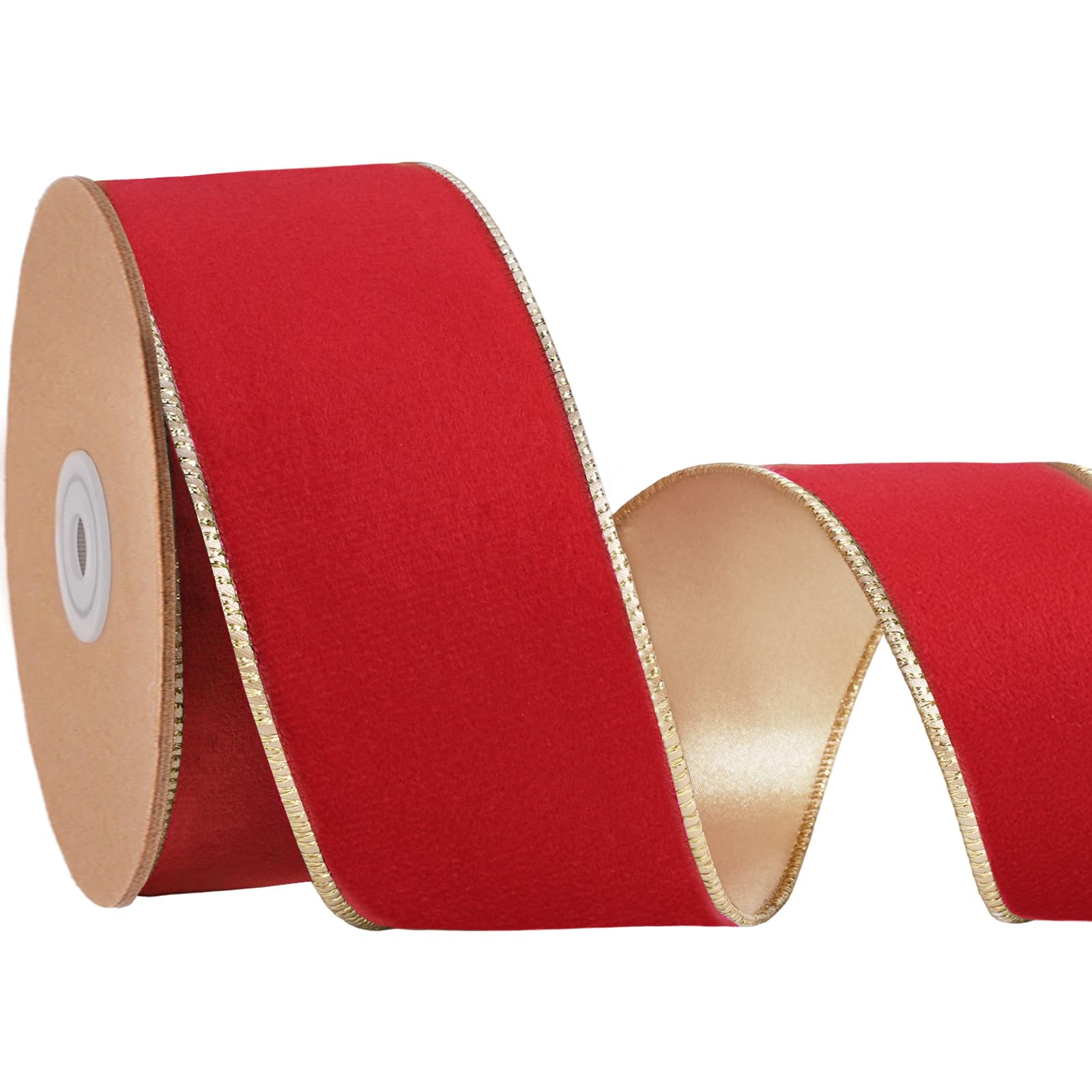 LaRibbons Red Velvet Wired Ribbon, Gold Edge, Gold Satin Back 2.5 Inch