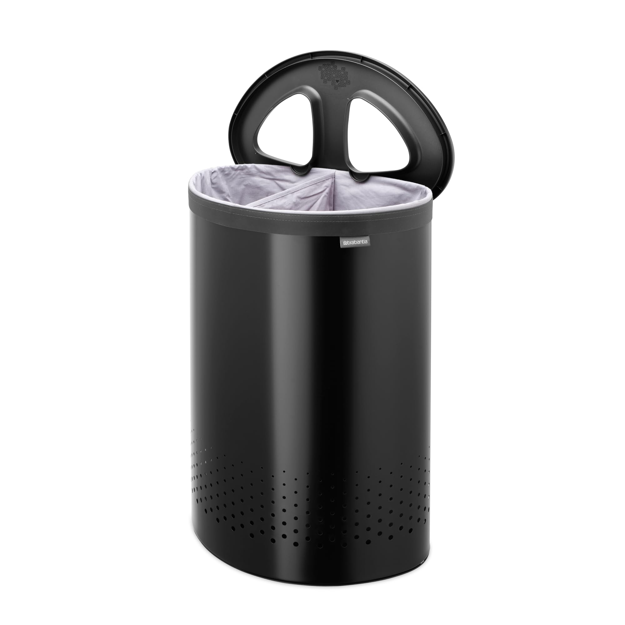 Brabantia Wäschekorb mit Deckel | 55 l – Wäschekorb mit 2 Fächern, Quick-Drop-Deckel und herausnehmbarem Baumwollbeutel | Matt black