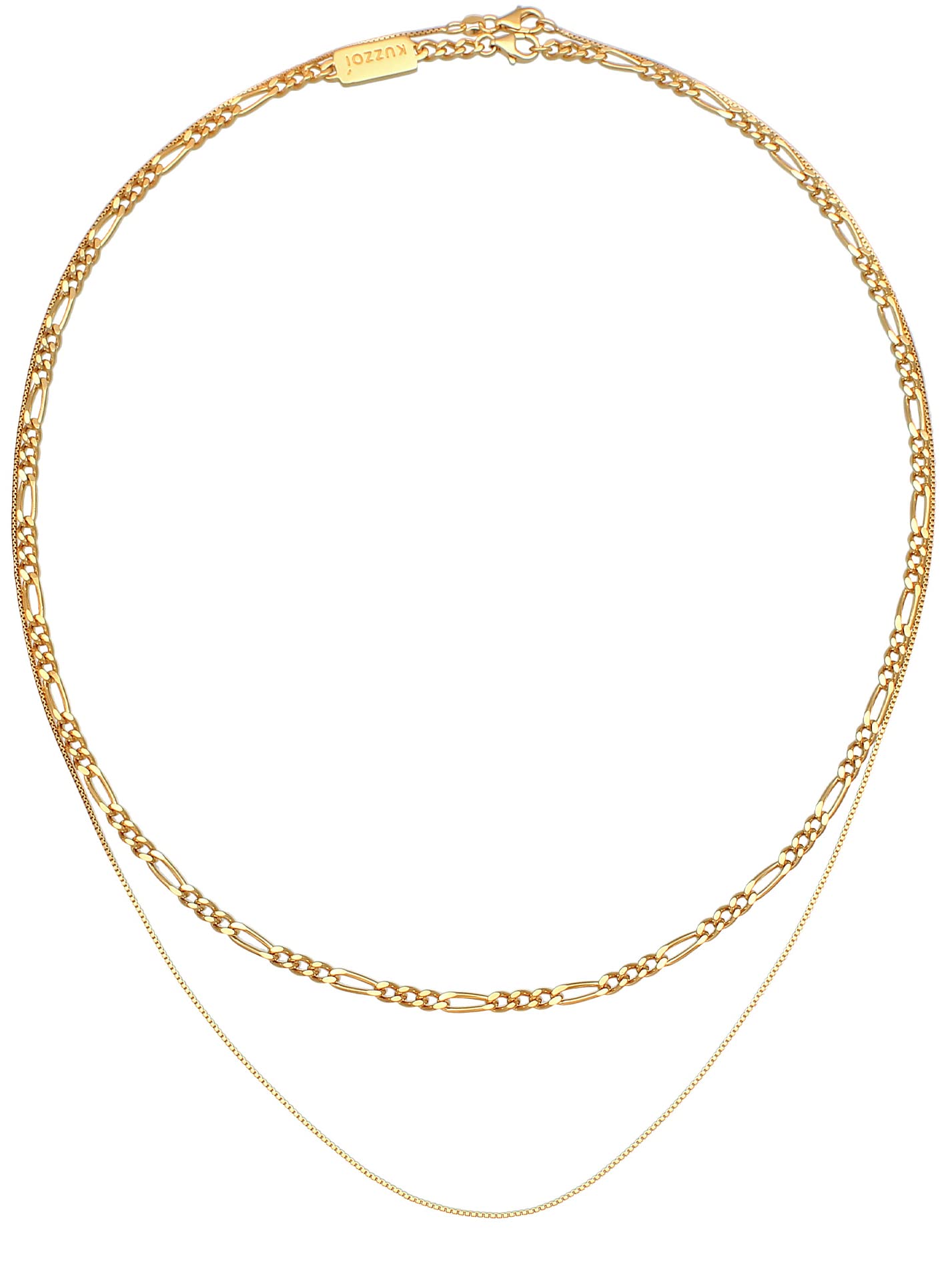 Kuzzoi Herren Halsketten Set aus 925 Sterling Silber vergoldet, Massive Figarokette 3 mm, Feine Venezianer Kette 1 mm für Manner, 2 goldene Herrenketten, Länge 50 + 55 cm