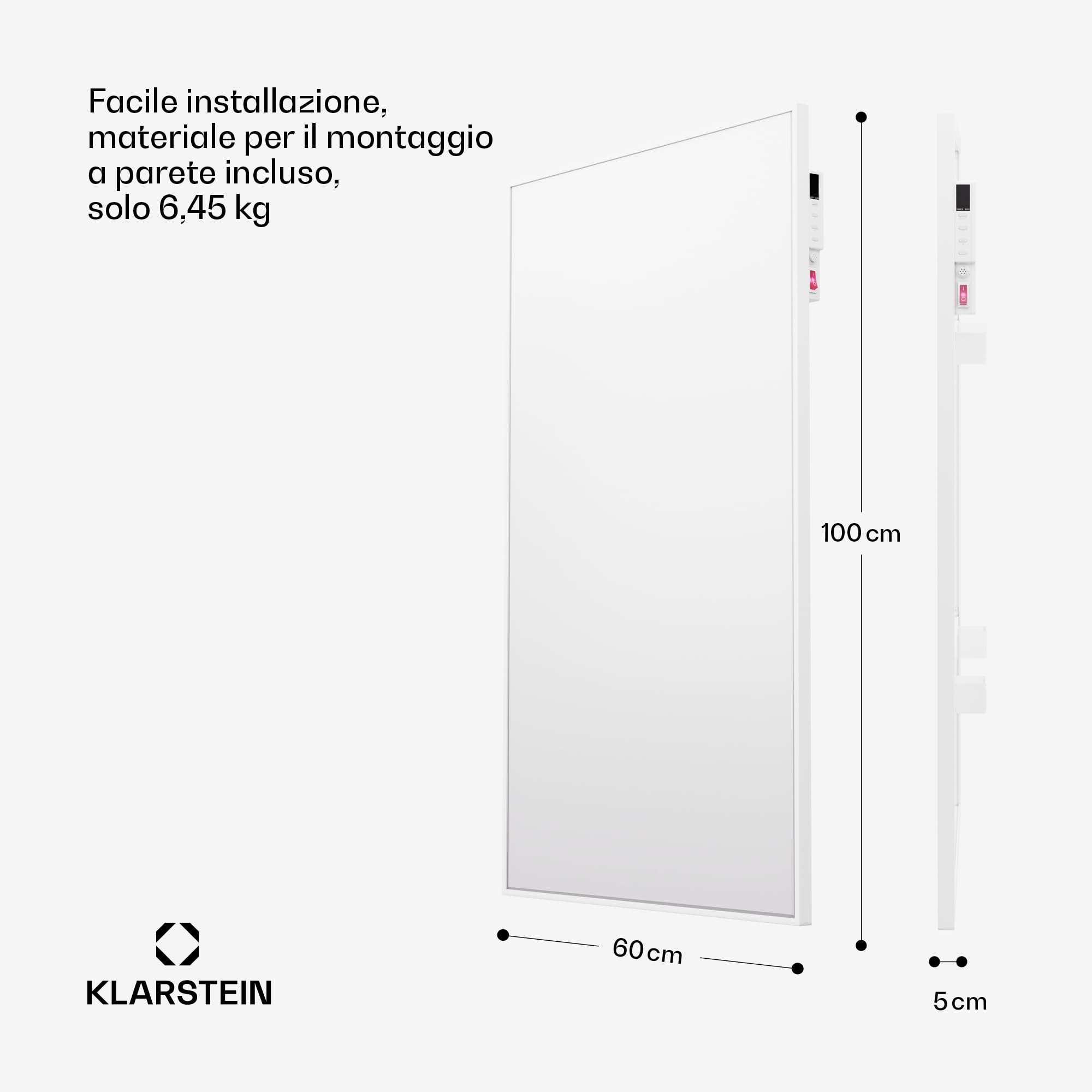 Klarstein Stufa Elettrica a Raggi IR Basso Consumo 600W con Telecomando, Timer e WiFi App, Pannello Radiante per Riscaldamento Domestico, No CO2