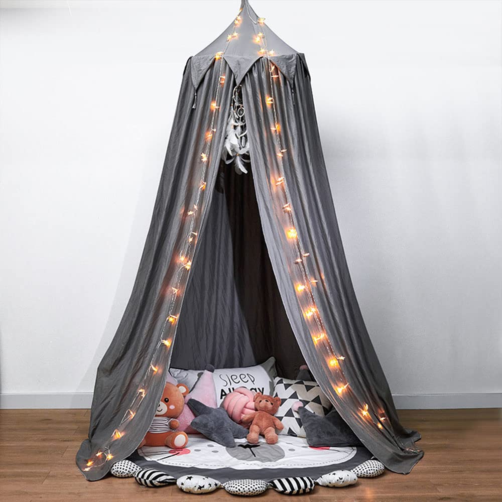 Surwin Bed Canopy for Girls Boys Kids Single Double Bed, Round Dome Bed Canopy Mosquito Net Protection Canopy Play Tent Bedroom Nursery Decoration Hanging Curtain Net (Tassel Gray)