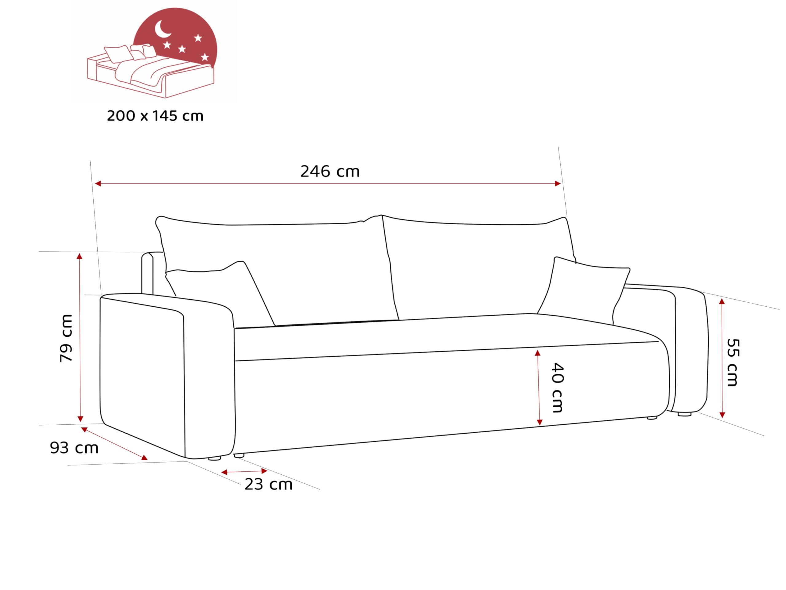 Schlafsofa mit Bettkasten 246x93 - Sofa Cord - 3 Sitzer Sofa mit schlaffunktion - Couch mit Schlaffunktion - Wohnzimmer Couch - Schlafcouch