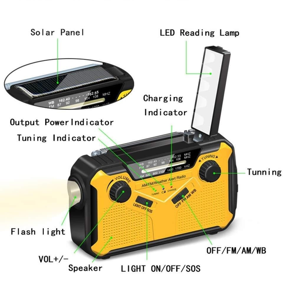 Radio awaryjne z korbką, pogoda słoneczna AM|FM|WB|NOAA, przetrwanie, latarka, lampa do czytania 2 W, alarm SOS 2500 mAh