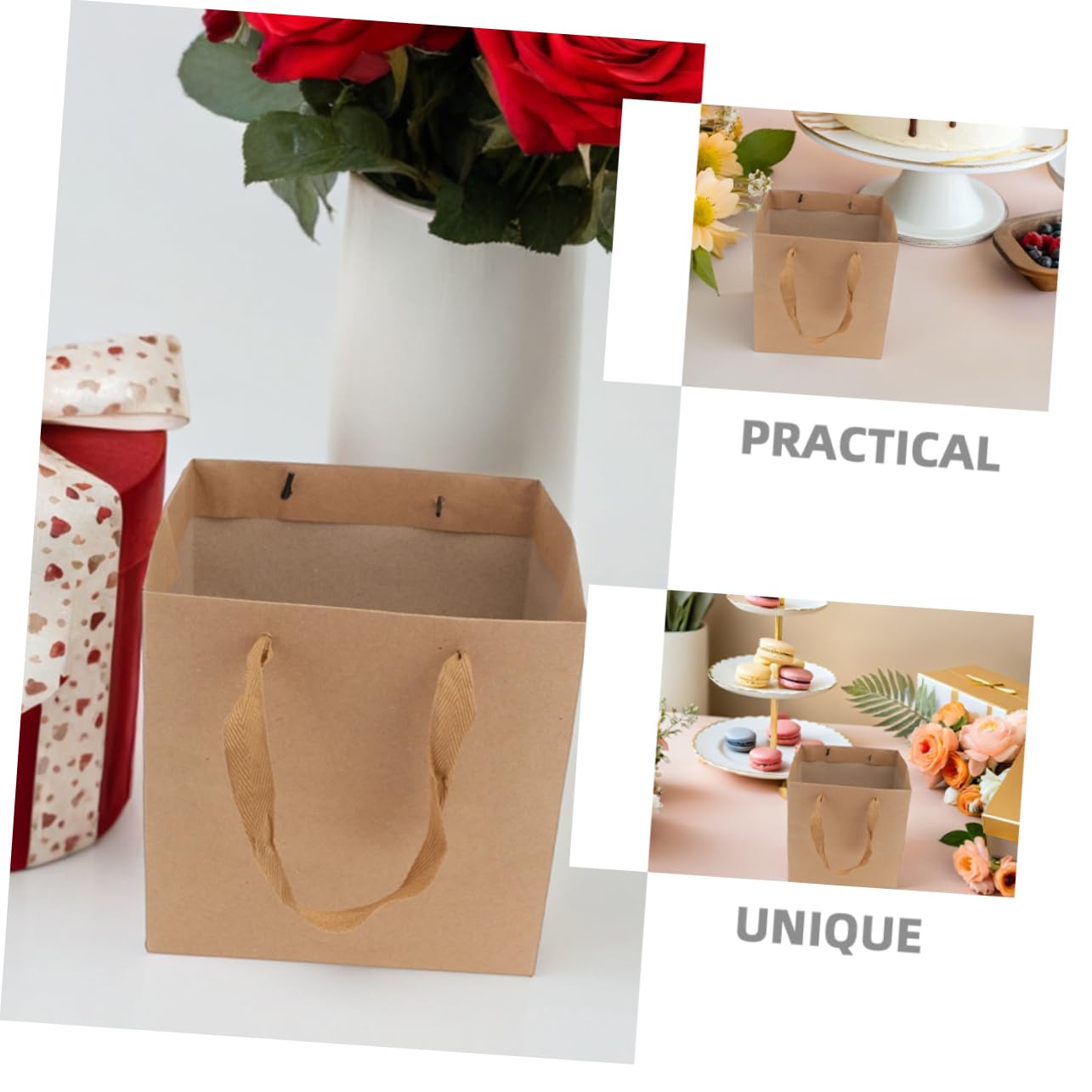 DIKACA 10 Piezas Bolsas Kraft Cuadradas con Asas de Resistentes para Flores Regalos y Repostería Diseño Elegante para y Tiendas de Regalos