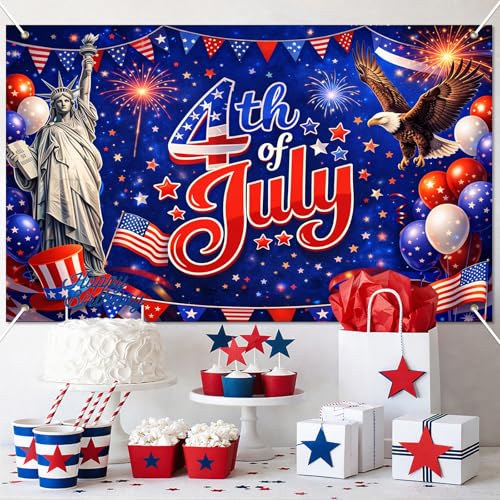 Image of BlissYard 4th of July Banner Patriotic Banner Independence Day Decorations American Flag Bald Eagle Statue of Liberty Fireworks Patriotic Party Banner for Indoor Outdoor Home Yard Party Supplies 71x43 Inches
