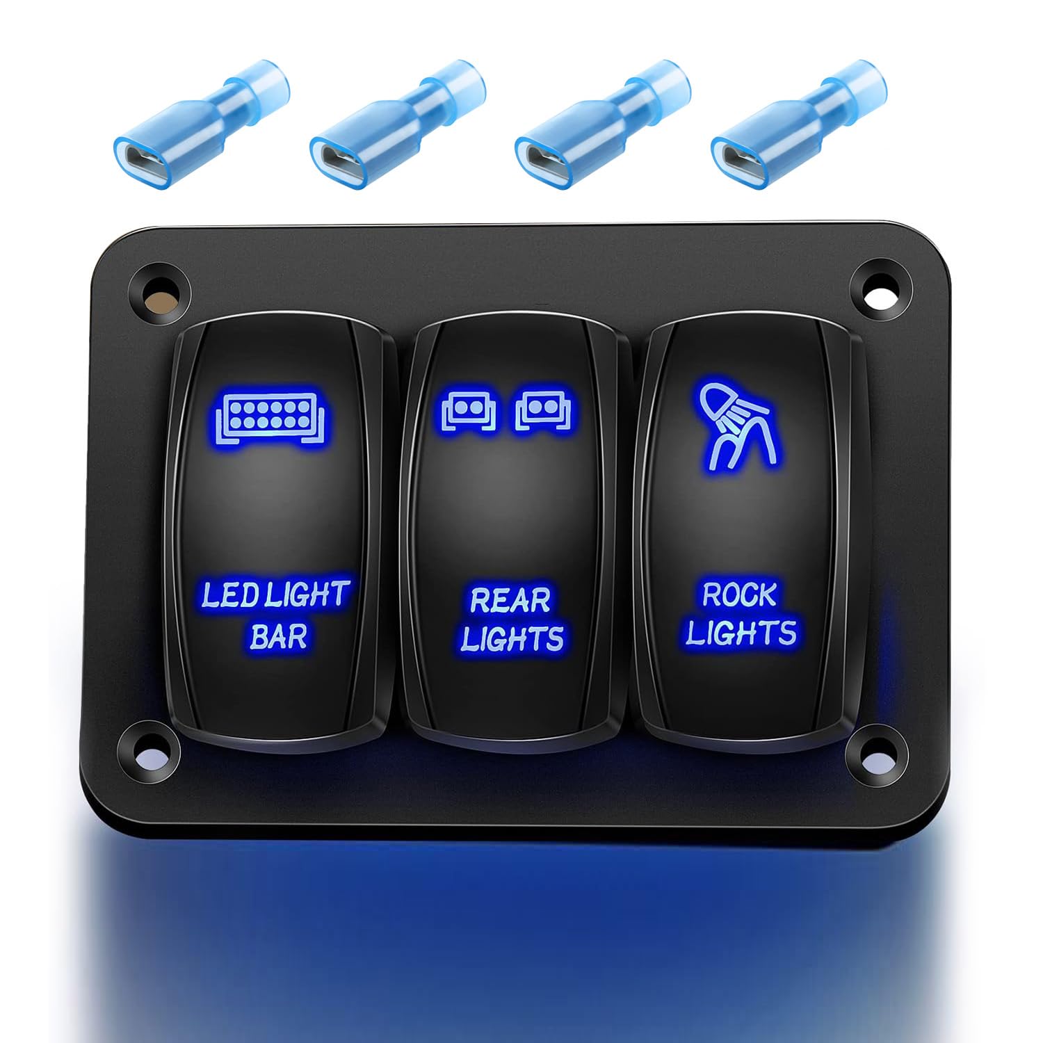 Gebildet 3 Way(LED LIGHT BAR+REAR LIGHTS+ROCK LIGHTS) Rocker Switch Panel 12V 24V DC Blue Switches Aluminum Panel 5Pin ON Off PreWired Toggle Switch Panel Waterproof — image 1