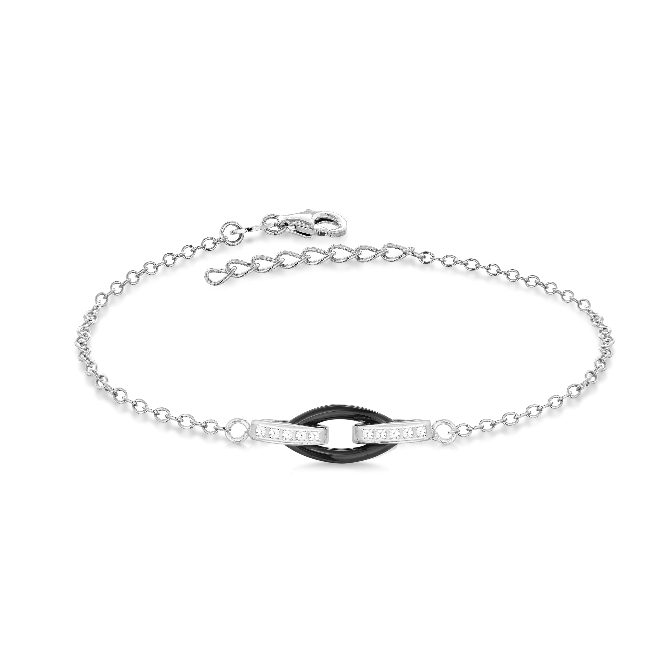 Tuscany Silver Bracciale regolabile da donna in argento sterling con ceramica nera ovale e zirconi placcato rodio 15.25cm/6"–18cm/7"