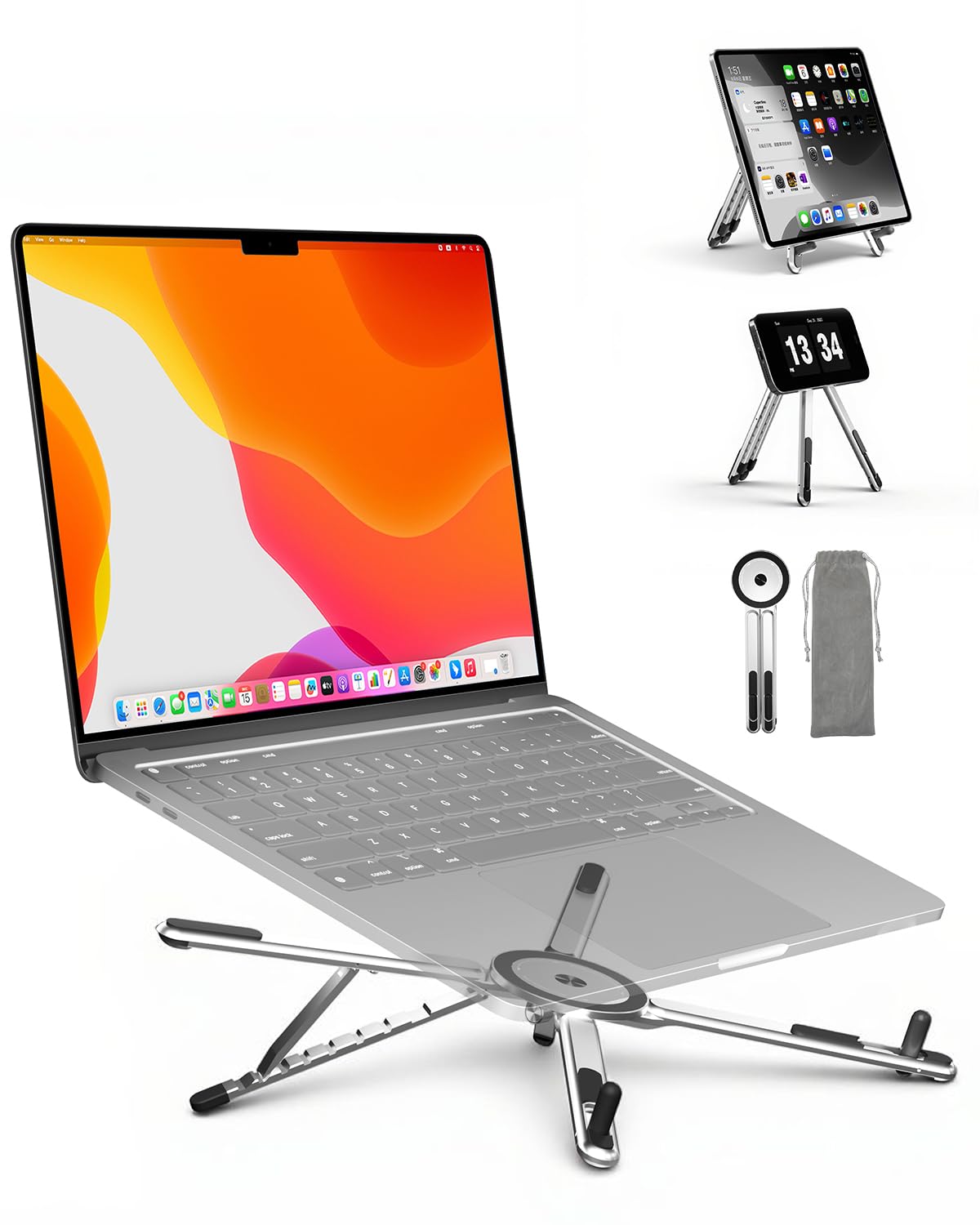 SupeDesk Soporte plegable para portátil 3 en 1 ajustable en altura y ángulo, de aleación de aluminio, soporte para portátil ventilado, soporte ergonómico para portátil de 4 a 16 pulgadas, magnético