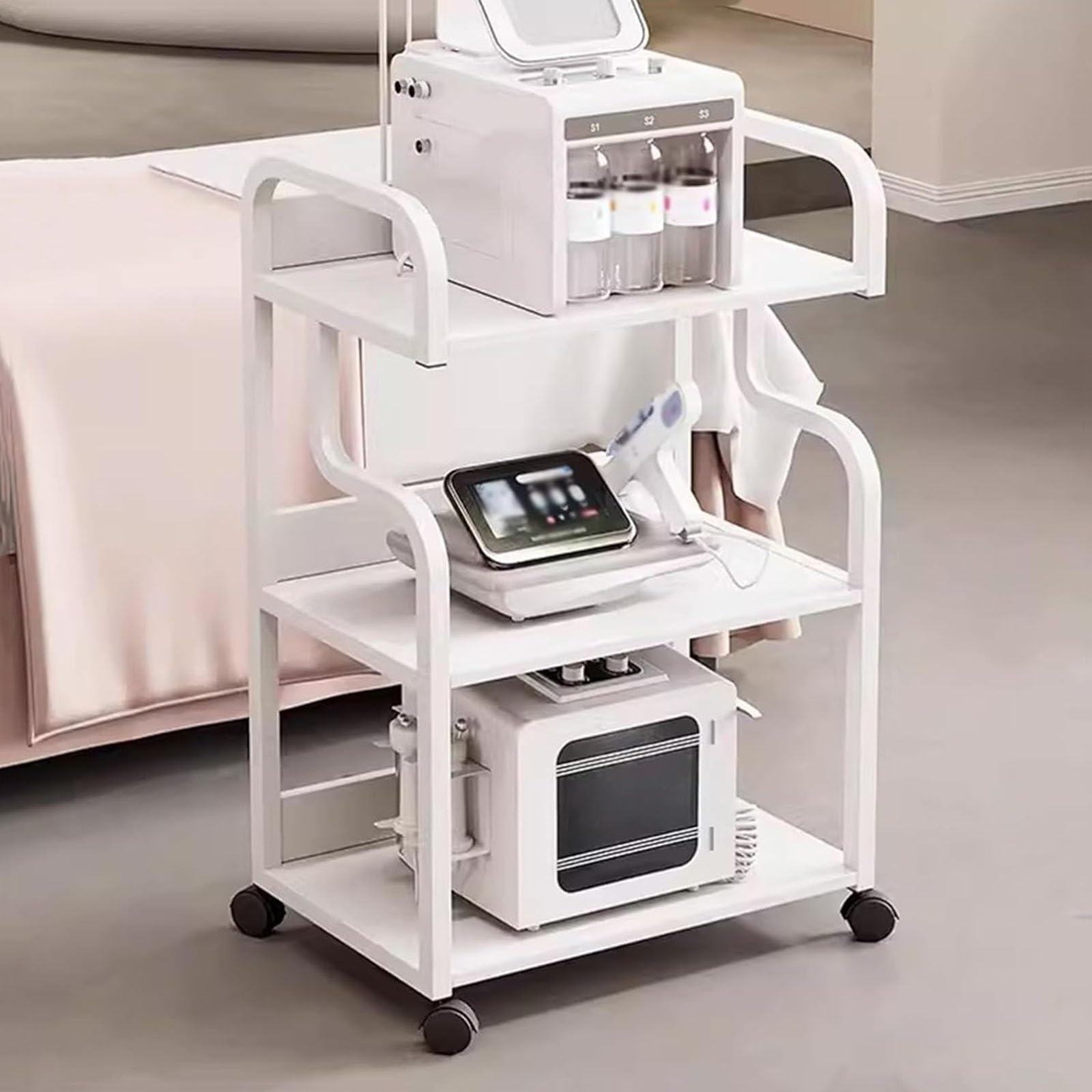 Metalowy wózek na kółkach do salonu – 3-poziomowy wózek estetyczny z kółkami, mobilny stojak na maszynę kosmetyczną, wózek do spa do profesjonalnego użytku