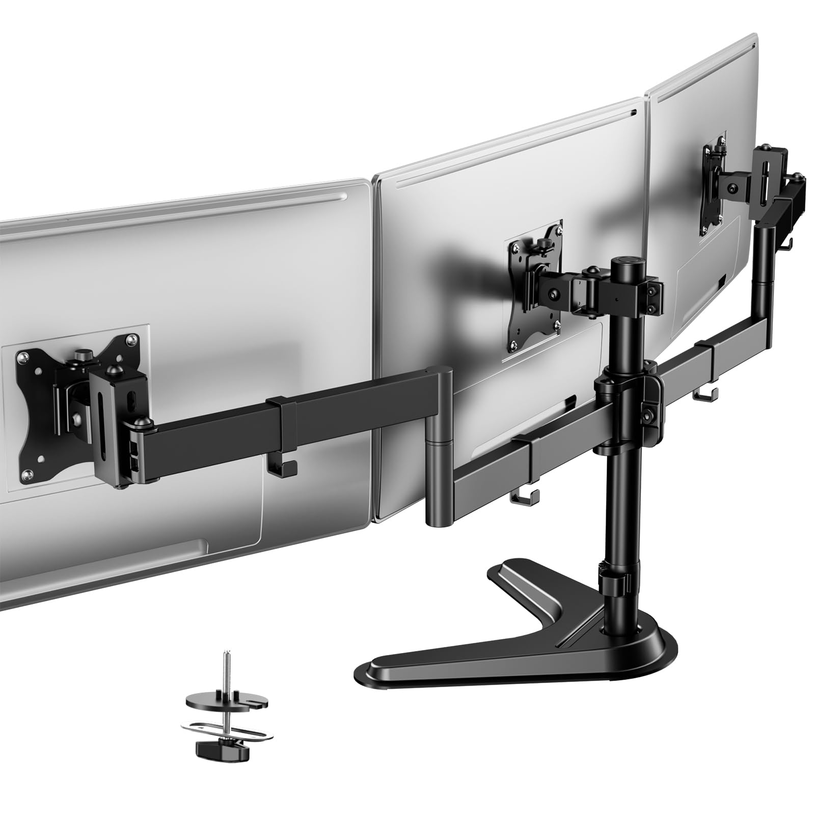 Soporte Triple para Monitor, Soporte de Escritorio Totalmente Ajustable para 3 Pantallas de hasta 27 Pulgadas, Base Ponderada y Gestión de Cables, Capacidad de 22 lbs por Brazo, Negro
