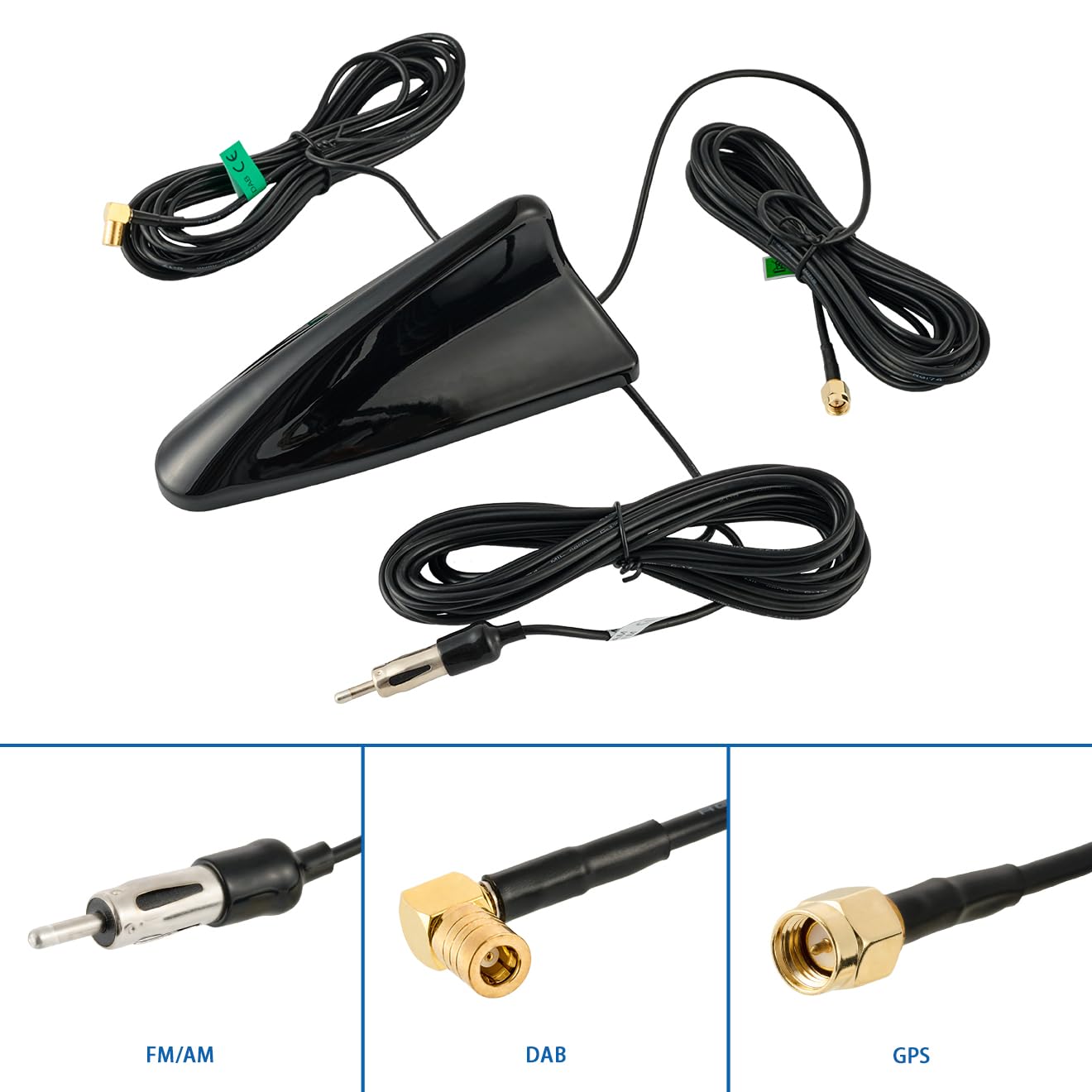 Vecys Antenne de Voiture Shark Fin FM/AM DAB+ GPS Antenne Radio de Voiture Amplificateur de Signal SMB Femelle à SMA Mâle à DIN Mâle 5m Câble RG174