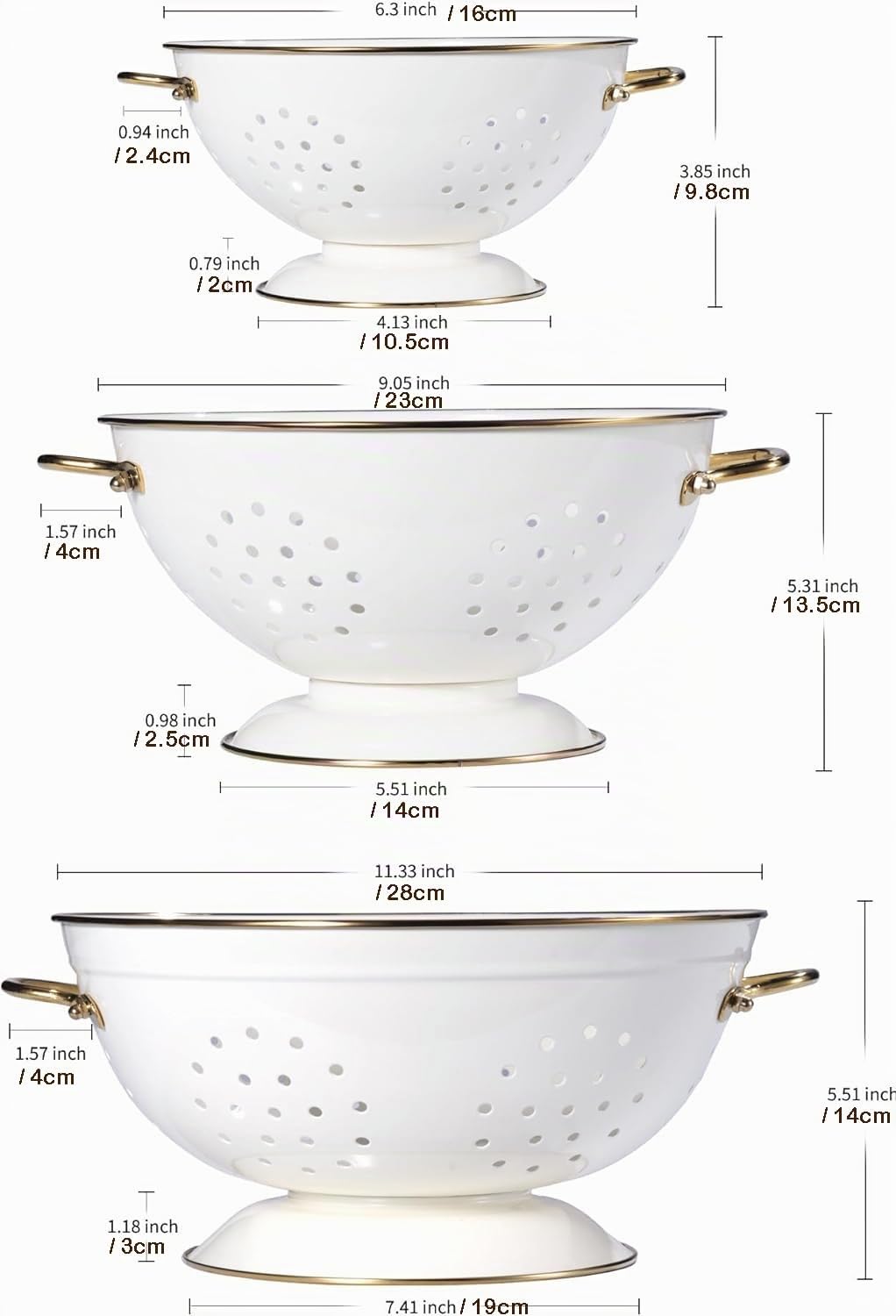Lot de 3 Passoire Cuisine (16cm & 23cm & 28cm), Or Rose Poignées Ergonomiques, Base Design Anti-bascule, Passoires Métal pour Pâtes, Légumes et Fruits​ (Crème)
