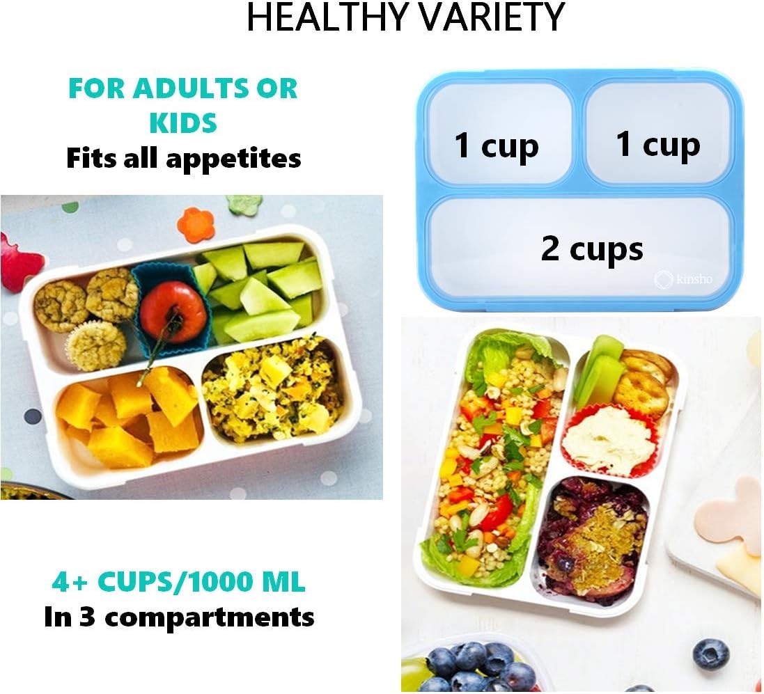 kinsho Bundle of 2x Snack Containers for Kids (Purple & Blue) + Bento Lunch Boxes for Kids, Teens, Adults (Blue)