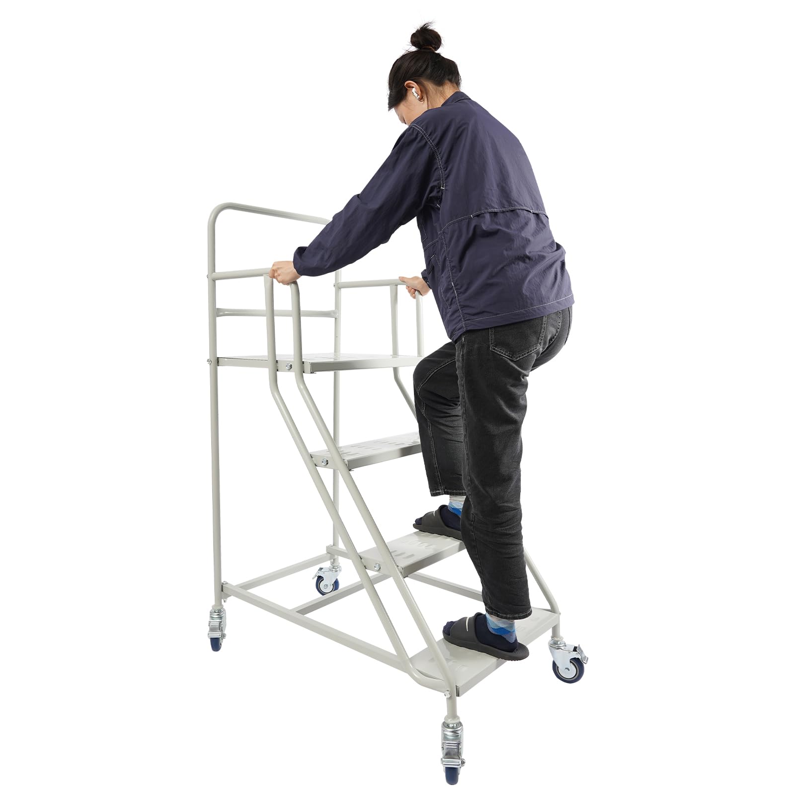 4-stufige Rolltreppe, Fahrbare Sicherheitsleiter mit Rädern & Bremsen, Kaltgewalzter Stahl, Belastbar bis 400kg