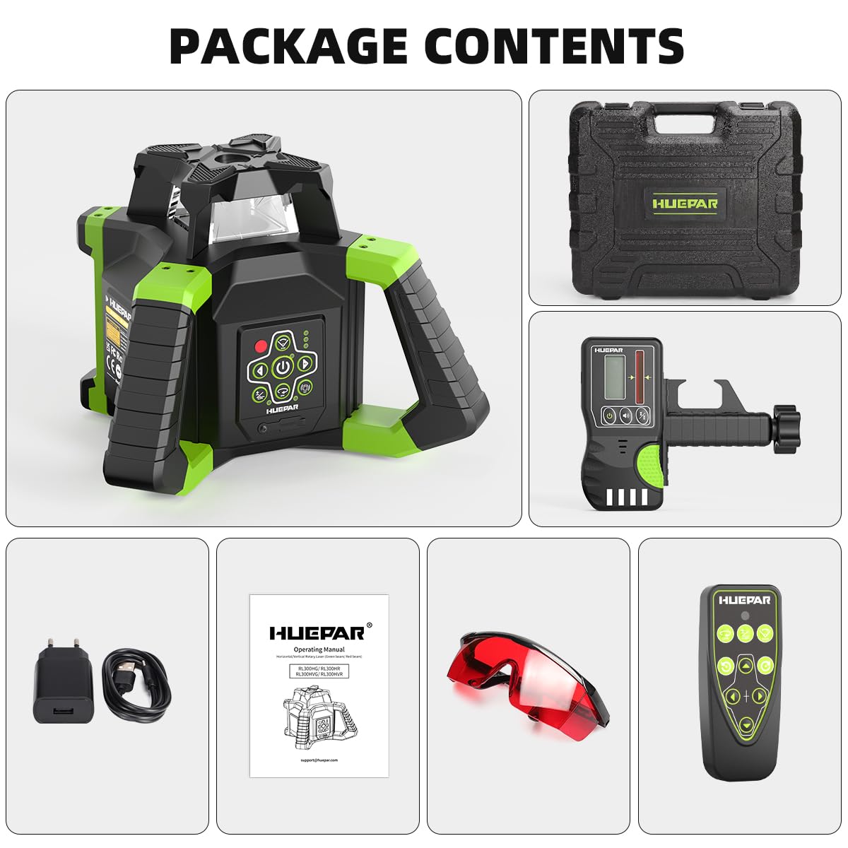 Kit Livello Laser Rosso Rotanti Autolivellante Elettronico, Huepar 360 Raggio Laser Orizzontale Strumento Livello LaserRotante Interno/Esterno Con Ricevitore, Occhiali Protettivi, Kit Custodia Rigida