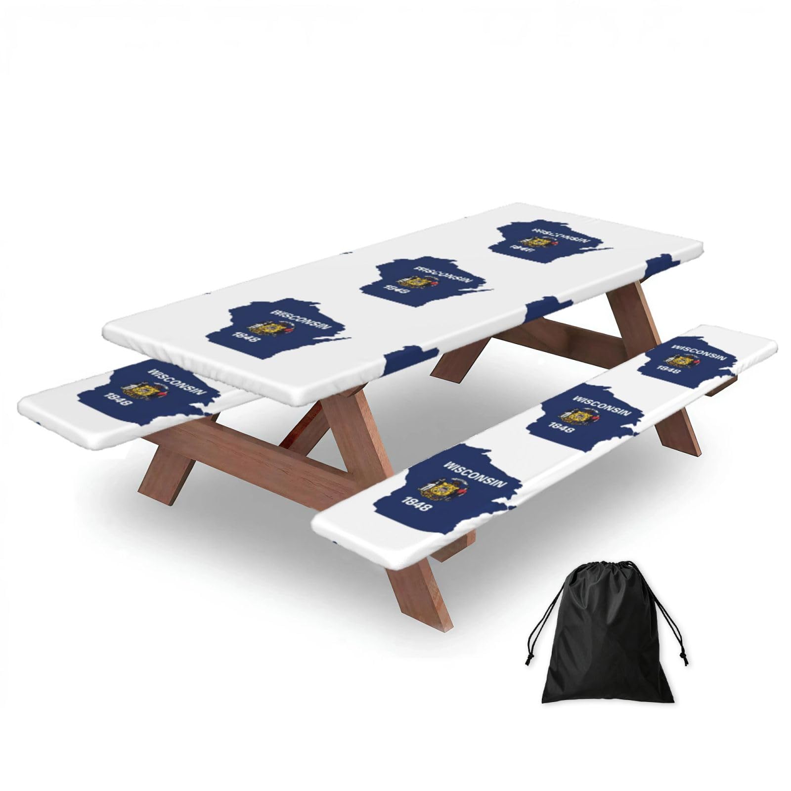 Yqxwjl Black Wisconsin State Flag Map Print Camping Essentials Waterproof Camping Table And Bench Cover With Drawstring Bag 183 Cm