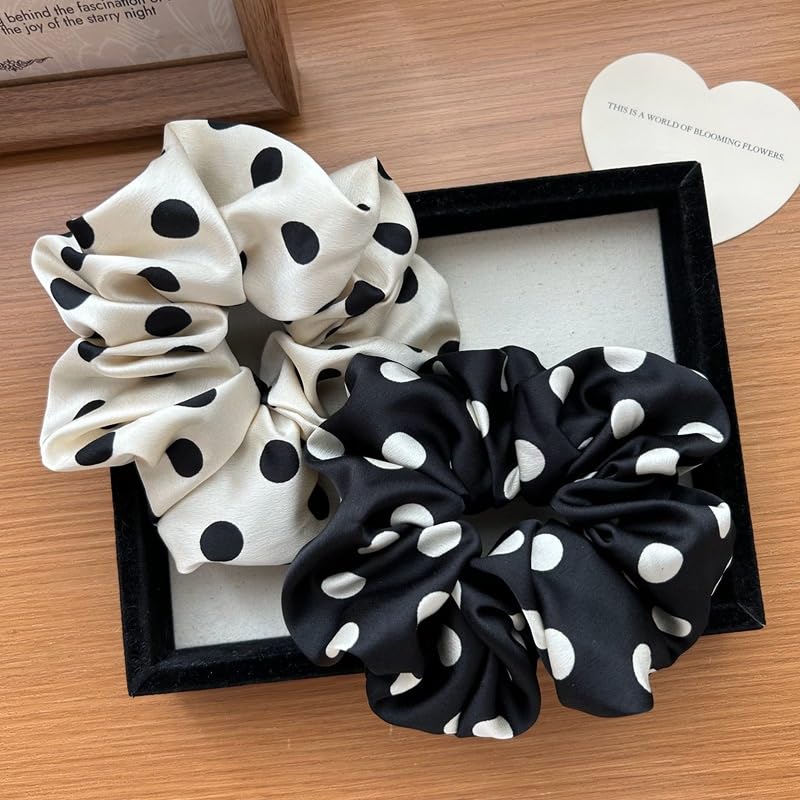 Lemeilleur 2 PCS Polka Dots Silklike Hair Scrunchies Long Hair Hair Eleastic Bands Scrunchy Hair Ties Ropes Ponytail Holders Cloth Bands for Girls and Women