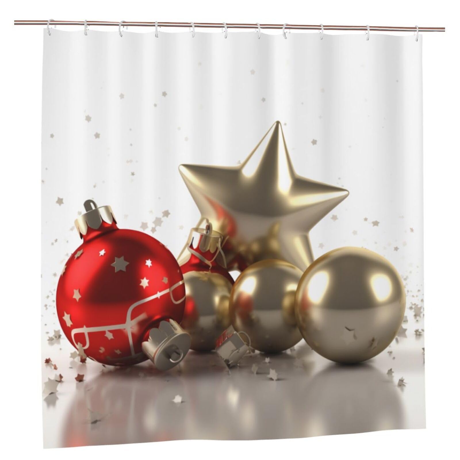 BWWHCCTI Xmas Star Balls Bell Printed Shower Curtain With 12 Plastic Hooks Opaque Quick Drying Waterproof Shower Curtains Sets For Bathroom 183x183 CM