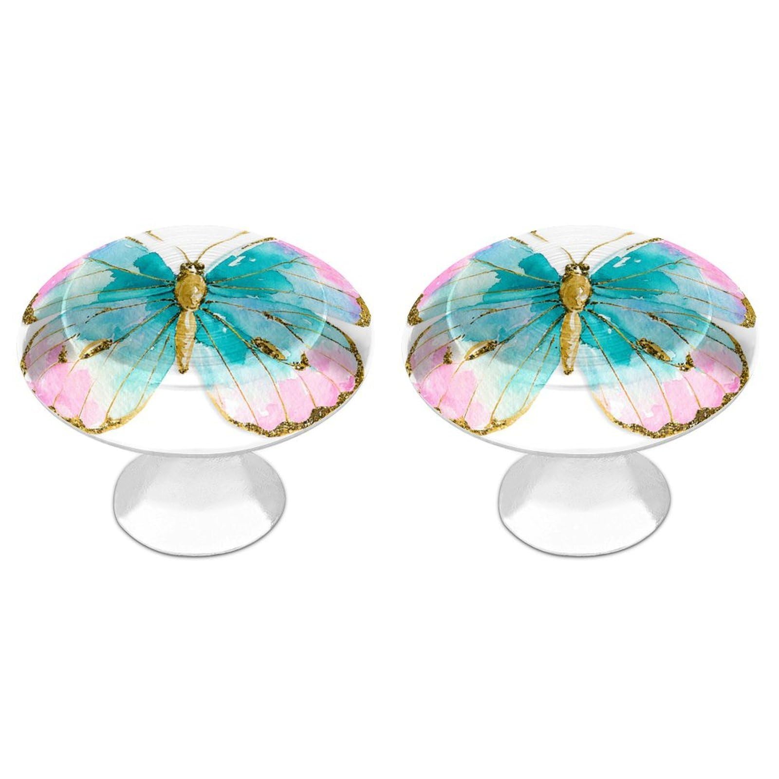 Jubonexis Blue Butterfly with Gold Wing Round Drawer Cabinet Knobs Handles with Screws,2 Pcs, Drawer Dresser Knob Pulls Decor for Wardrobe Cupboard Home Office Kitchen