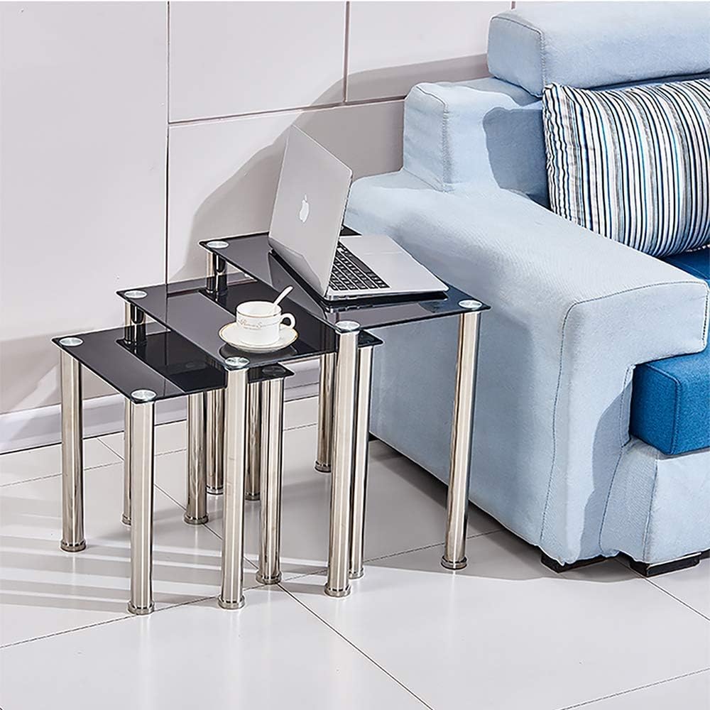 BOJU Living Room Black Glass Coffee Table Nesting of Table Set of 3 Small Sofa Side End Tea Table (Rectangular, Black)