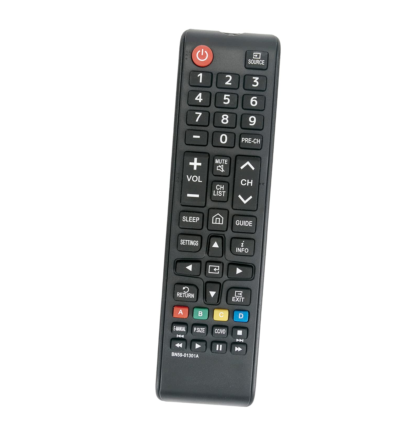 Overview of the ALLIMITY BN59-01301A replacement remote control, displaying all buttons and their labels.
