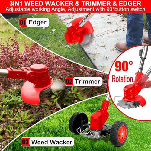 Image of Grass Cutter Machine for Garden, 48V Cordless Machine with 2 Batteries Electric Lawn Trimmer with Wheels, Saw Blades, 4 Metal Blades, Nylon Blades, Safety Glasses & Gloves