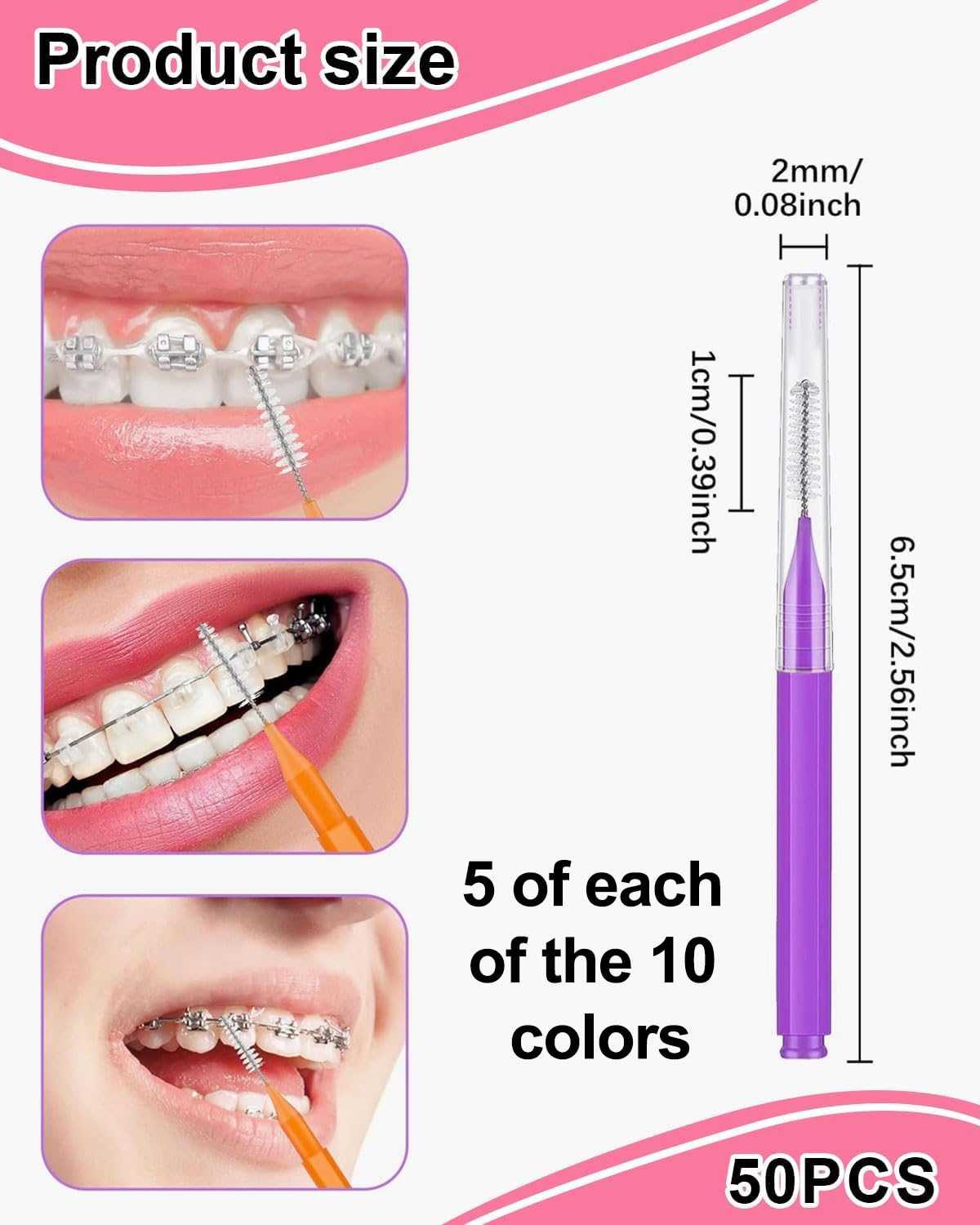 50 Pezzi Scovolini Interdentali,Scovolino per Pulizia Denti con Coperchio per Apparecchi Dentali,Scovolino Denti Morbido per Pulizia Interdentale,L'Igiene Orale(10 Colori)