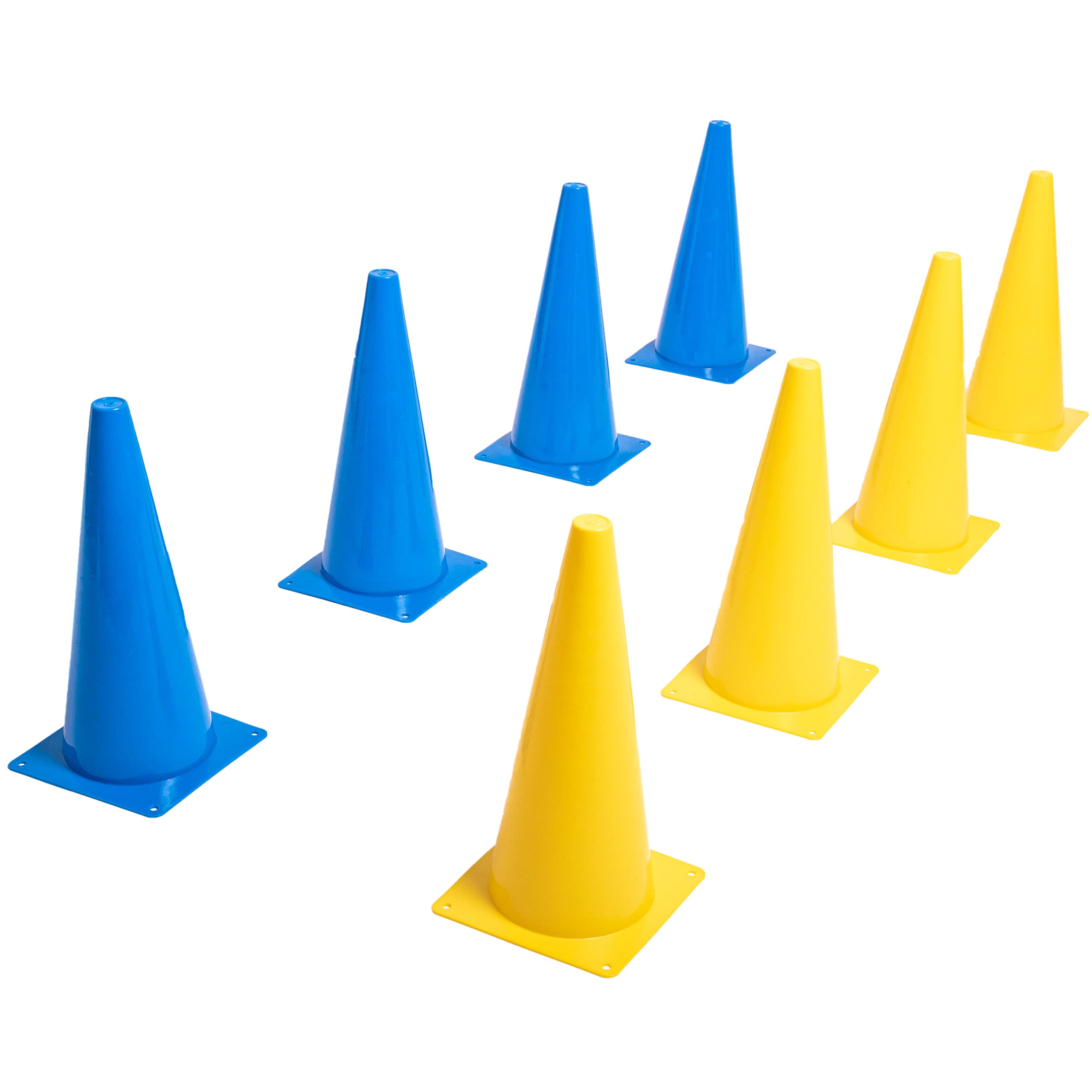 Pylonen 8er Set - 38 cm Hütchen (4 gelbe und 4 Blaue Kegel) - flexibel, sicher und robust für Fußball, Reitsport, Hundetraining, Pferdetraining, etc.