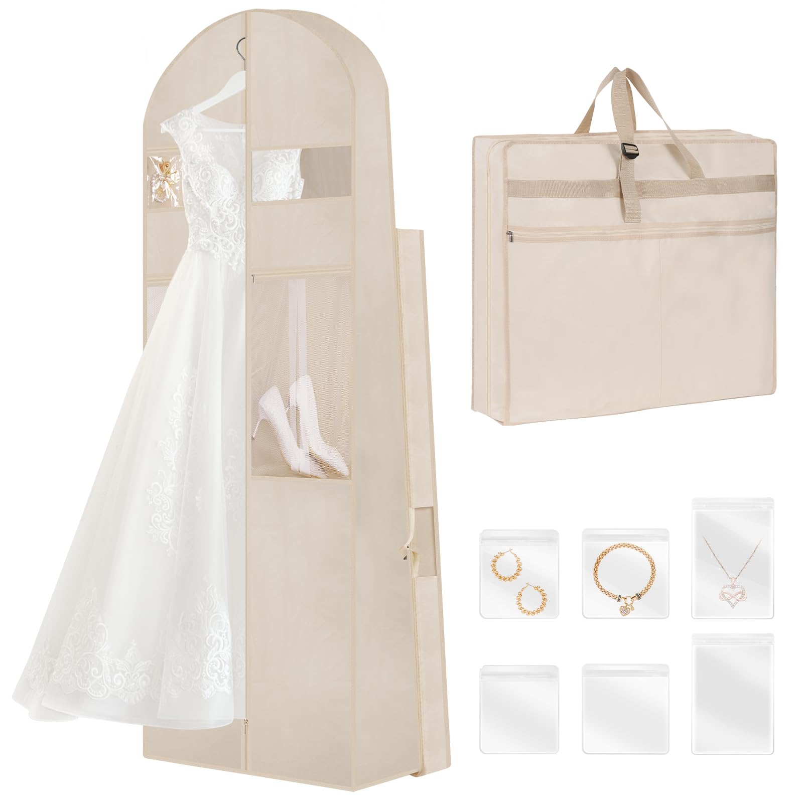 Wedding Dress Garment Bag 72 Tri-Fold Bridal Gown Bag with 6 Pouches and Adjustable Buckle Gown Cover for