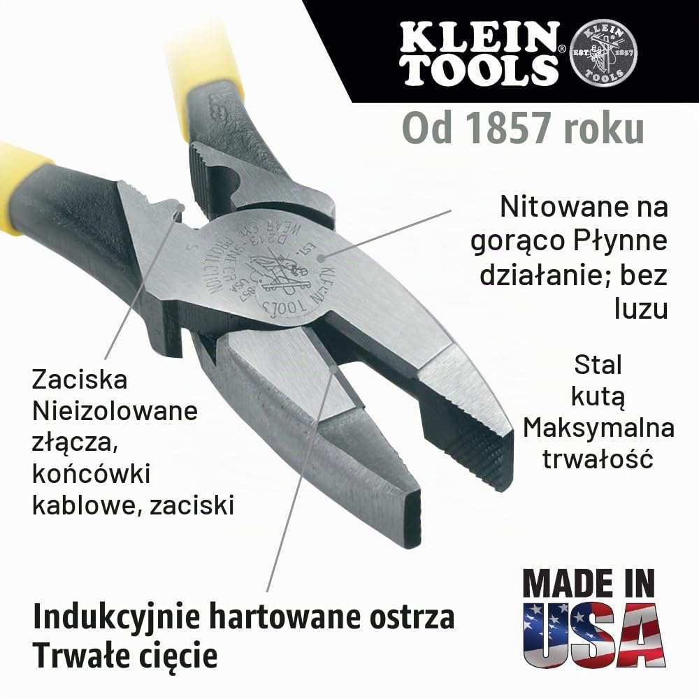 Klein Tools J213-9NECR Jouneyman szczypce złącze zaciskane z boku, z konstrukcją o wysokiej dźwigni z matrycą zaciskową za zawiasem, 25 cm
