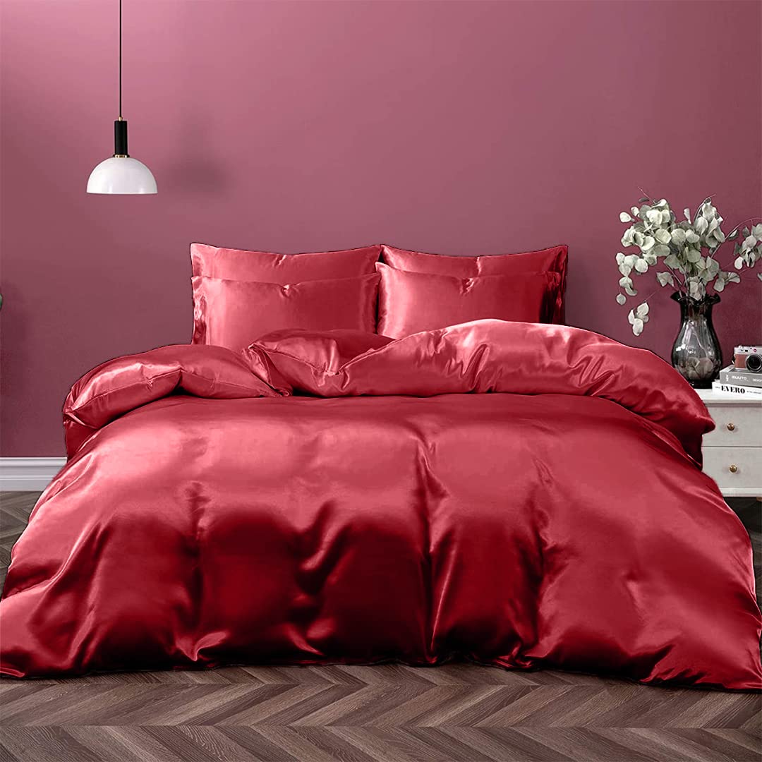 Cloud Fino Silk Satin Sheet Set| 100% Pure Silk Satin Sheet Set 7pc Silk Fitted Sheet 15" Deep Pocket, Silk Flat Sheet, Silk Duvet Cover & Pillowcases Set !!(Full Burgundy)
