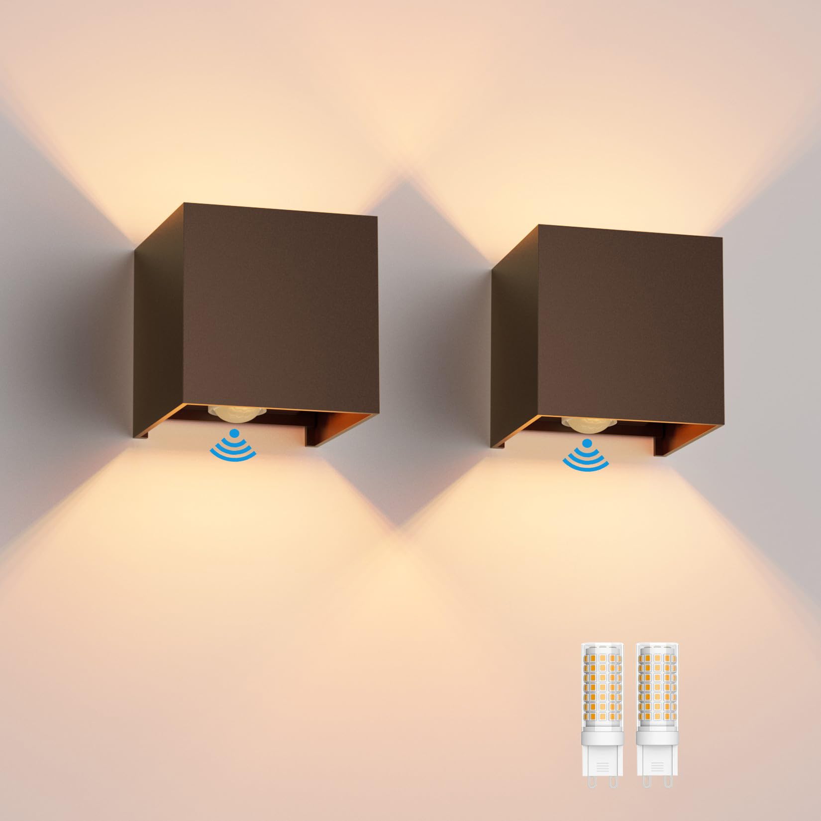 Klighten 2 Stück Aussenlampe mit Bewegungsmelder Innen/Außen 3000K Außenlampe mit Bewegungsmelder Wandlampe Einstellbar Abstrahlwinkel, mit Austauschbarer G9 LED Lampe (Bronze)