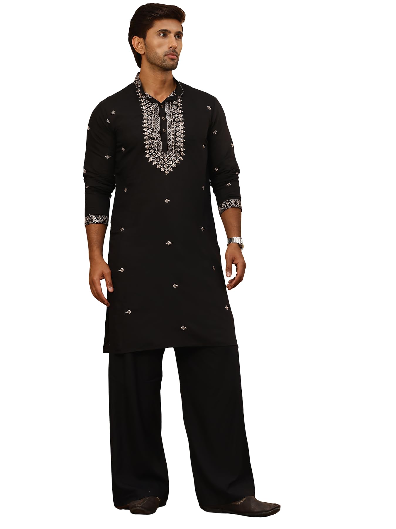 jompers Men’s Silk Blend Embroidered Kurta Pyjama Set (Black, S)-picture-22