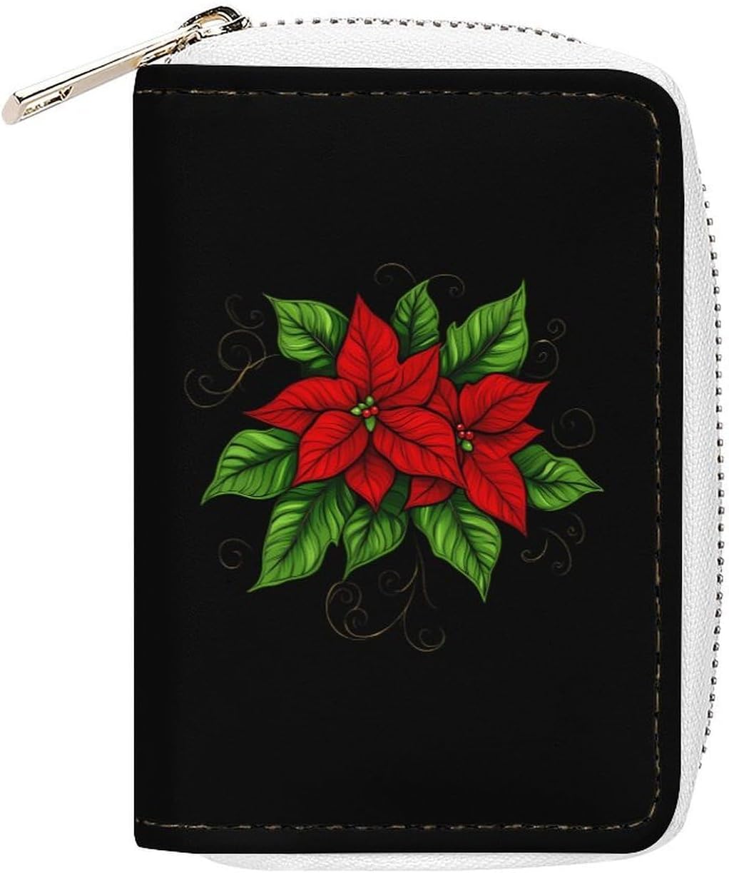 Poinsettias Christmas Flowers Small Business Credit Card Holder Wallet with 20 Card Slots Case Coin Purse Pouch