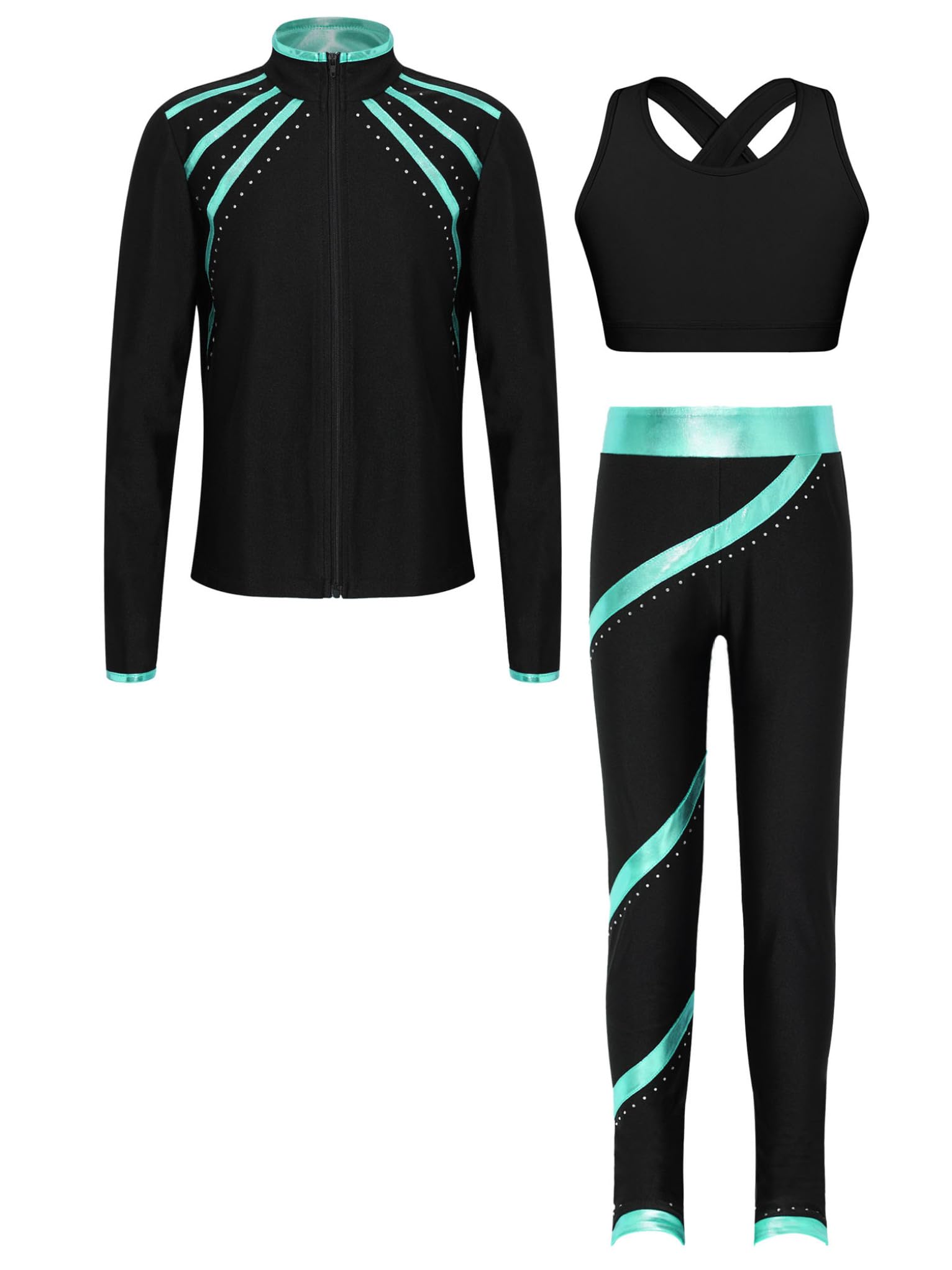 Conjunto de ropa de patinaje artístico para niños y niñas, manga larga, abrigo con cremallera + camiseta sin mangas + leggings de entrenamiento de gimnasia