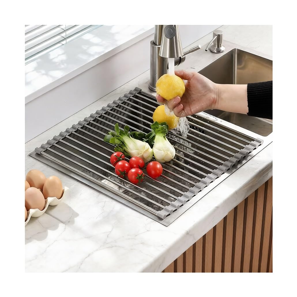 Escurridor de platos sobre el fregadero, escurridor de cocina enrollable con silicona antideslizante para escurrir platos, vasos, verduras y frutas, organizador de cocina que ahorra espacio.