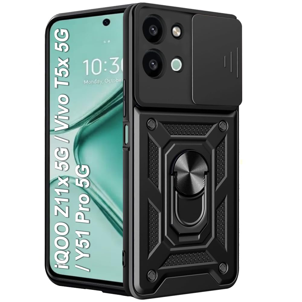 TheGiftKart Back Cover Case for iQOO Z11x / Vivo T5x / Vivo Y51 Pro 5G | Armor Bumper Case with Sliding Camera Cover, Kickstand & Ring Holder | 360° Protection iQOO Z11x Back Cover (PC & TPU, Black)-image-18