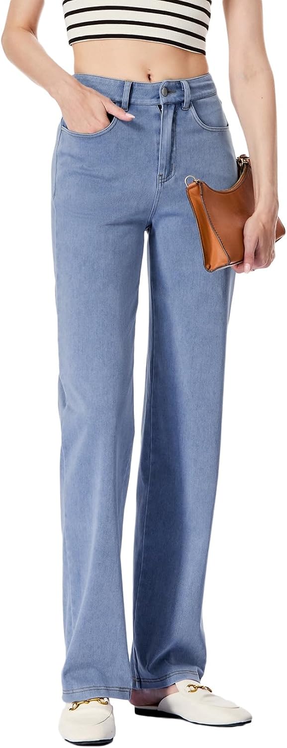 Sidefeel Women’s High Waisted Straight Leg Jeans Trendy 2024 Fall Stretchy Knit Denim Pants Iceland Blue Size 18