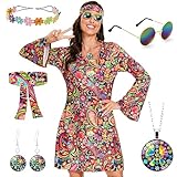 【Was Wirst du Bekommen】 Dieses hippie kostüm damen enthält ein hippie kleid, ein Haarband, ein Blumenstirnband, 1 Friedenszeichen Halskette, 1 Paar Friedenszeichen-Ohrringe und ein Paar Hippie-Sonnenbrillen. Mit diesem hippie kostüm damen Set, das einen starken 60er 70er Jahre Stil hat, werden sie die auffälligste Hippie-Lady auf jeder party sein!