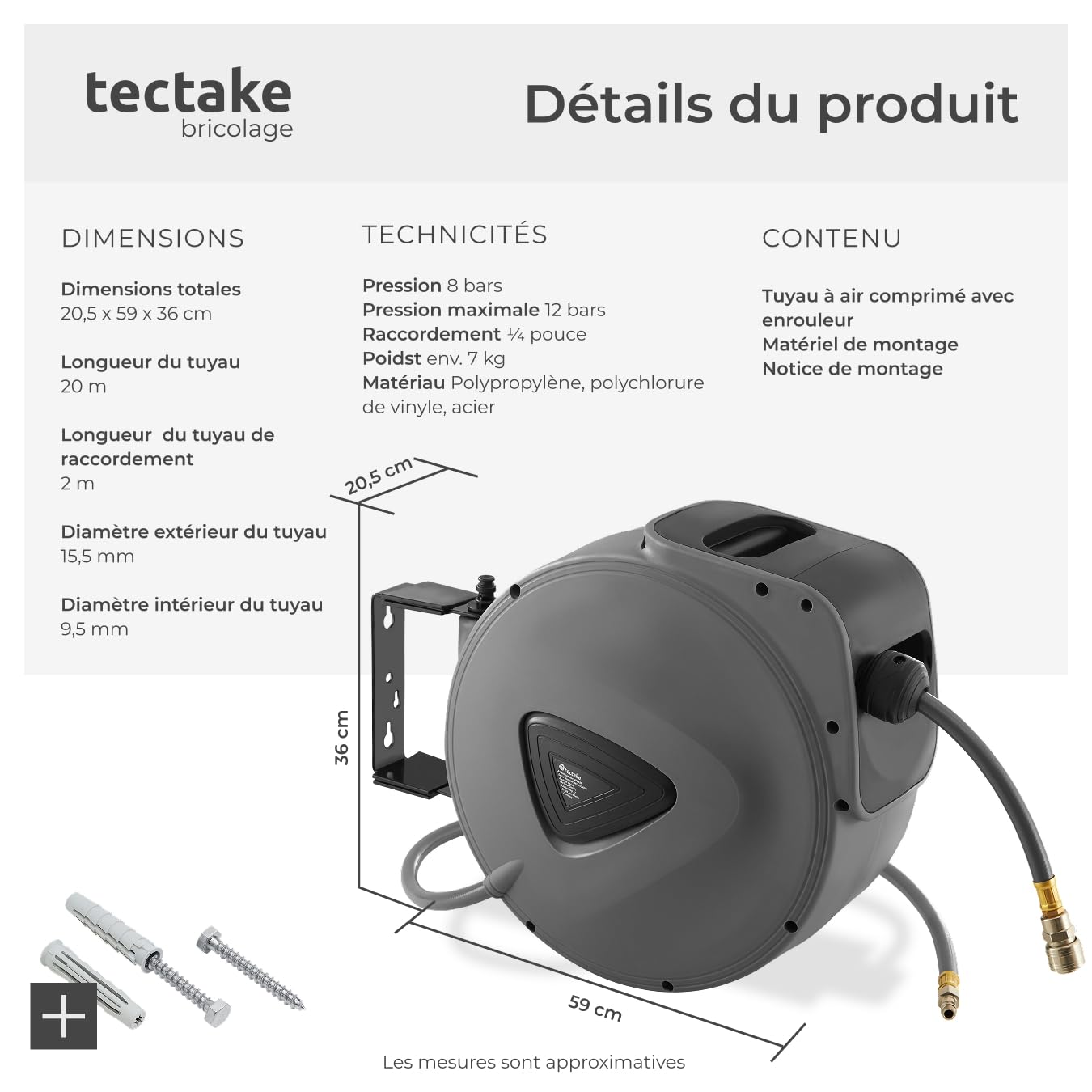 tectake® Enrouleur pneumatique avec tuyau air comprimé 20 m, raccord rapide 1/4, Support mural rotatif à 180° et amovible, 8-12 bars, Dévidoir automatique Enrouleur tuyau air comprimé Atelier Garage