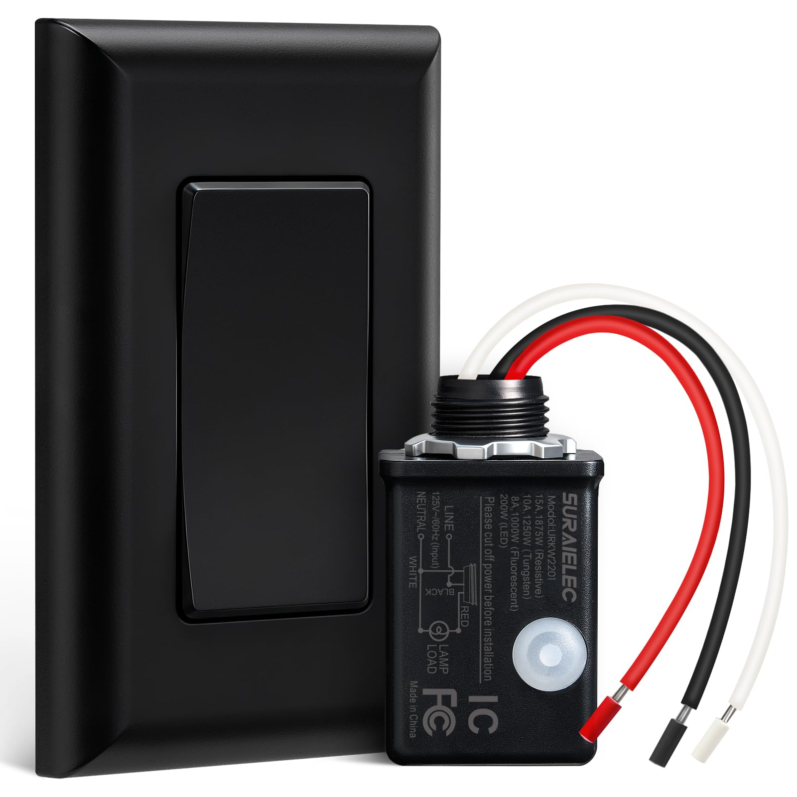 SURAIELEC Wireless Light Switch and Receiver Kit Black, 15A High