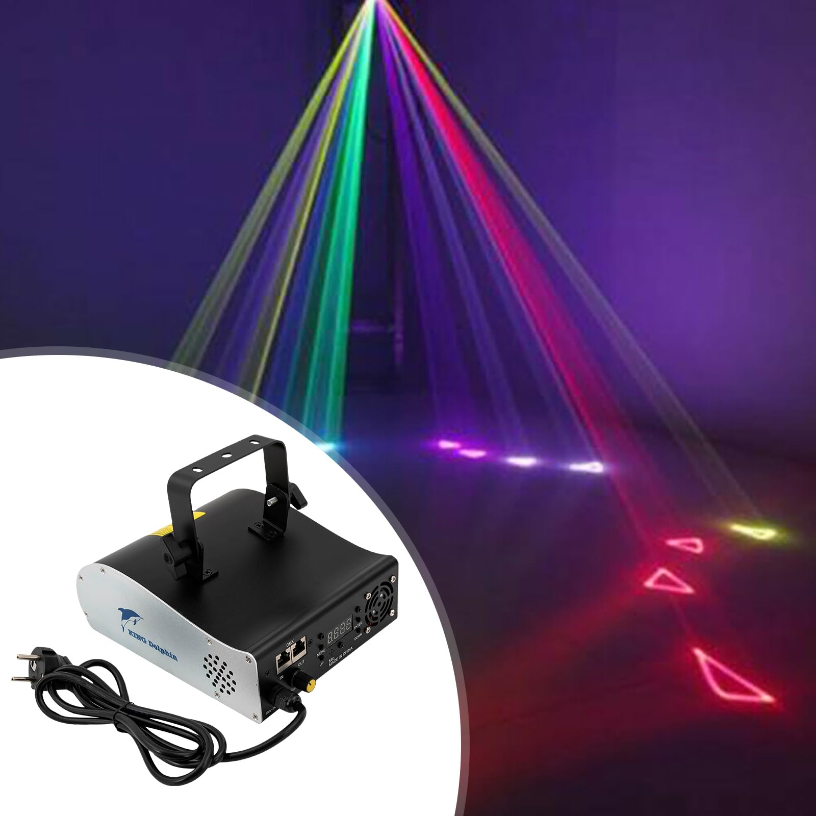 Luz de fiesta láser para escenarios, 2 W, luz láser RGB a todo color, soporte ajustable, sistema de escaneo ± 20°, 250 + animaciones, control de sonido, ventilador integrado, ideal para fiestas de DJ
