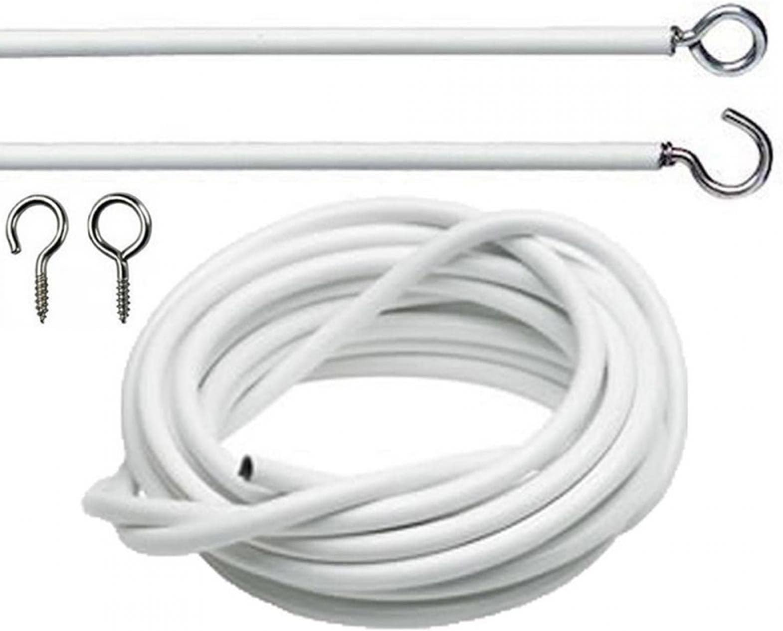 White Wire Hanging Cord with Self-Adhesive Hooks and Eyes for Net Curtain Rods, 4m PVC Curtain String Hanging Rope