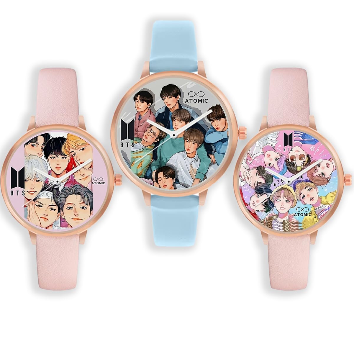 Atomic BTS Rosegold Analog Watches (Pack of 3) - for Girls Classy, Stylish, Elegant Trending BTS Pink & Blue Srap Watch for Girls