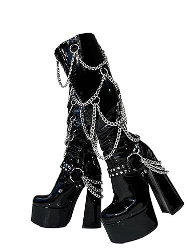 Frankie Hsu Goth Sexy Chunky Platform Knee High Heeled Boots, Black Patent Silver Multi Chain Rivets Buckle Gothic, Punk Y2K Hot Girl Big Large Size Wide Calf Shoes For Women Men - 9.5 - Black