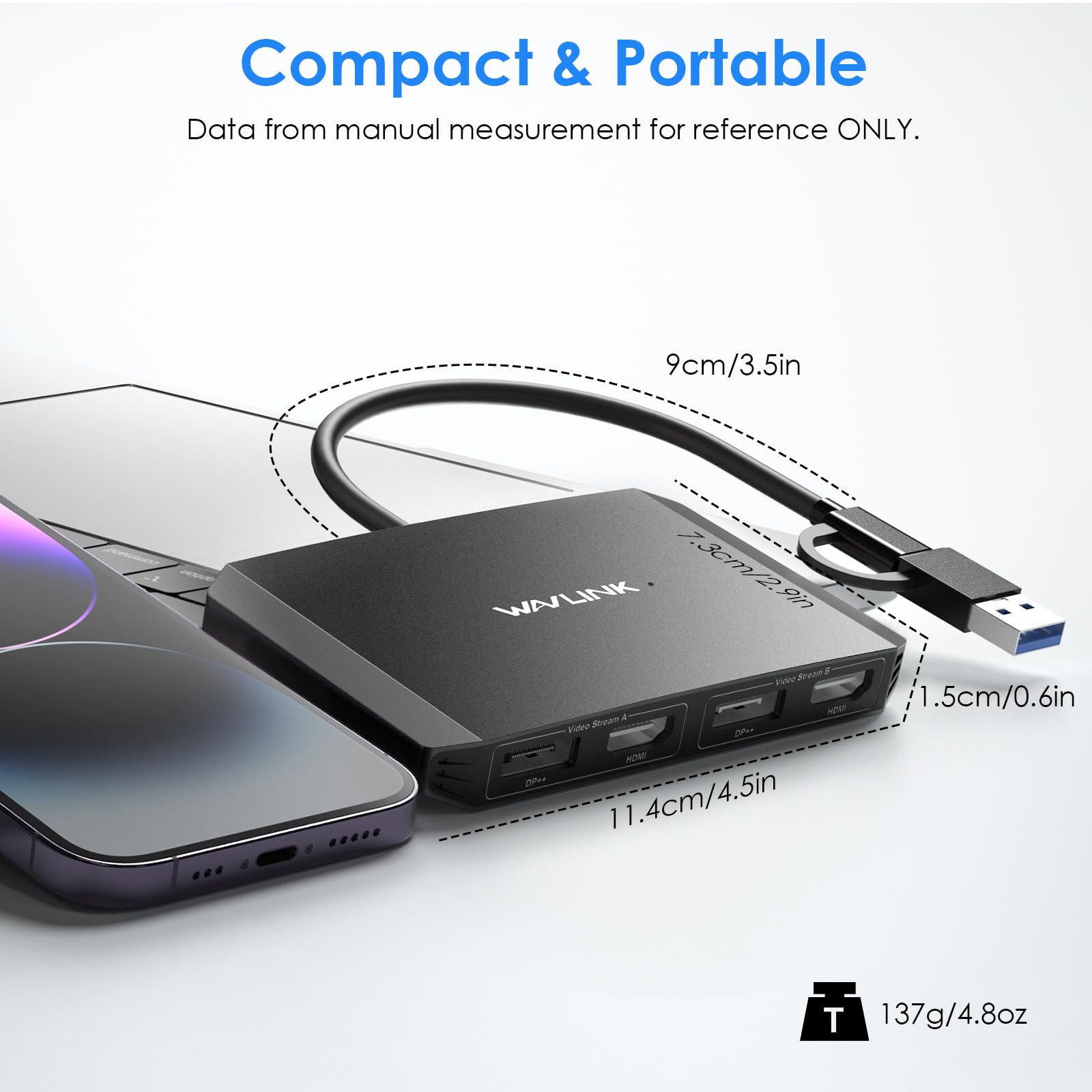WAVLINK DisplayLink Adaptateur USB 3.0 ou USB C vers DisplayPort HDMI, Double hub de Moniteur 5K/4K @ 60 Hz 4 en 1 pour Windows et Mac, Compatible avec Le Nouveau MacBook Neo - Noir