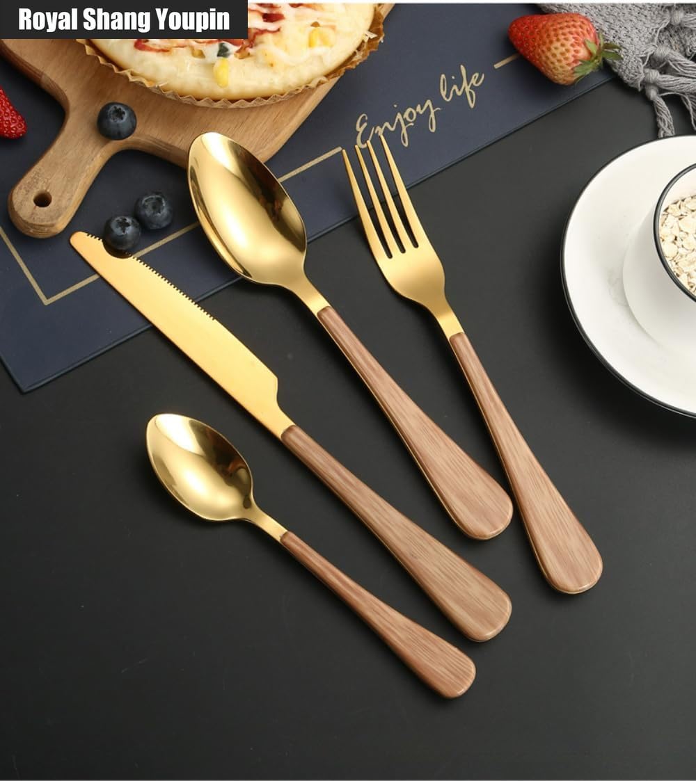 Legno Manico Piatto Cucina Acciaio Inox Argenteria Stoviglie Posate Coltelli Forchette Cucchiai Set Hotel Casa Bistecca Coltello Dessert Cucchiaio (Oro,16 pezzi)
